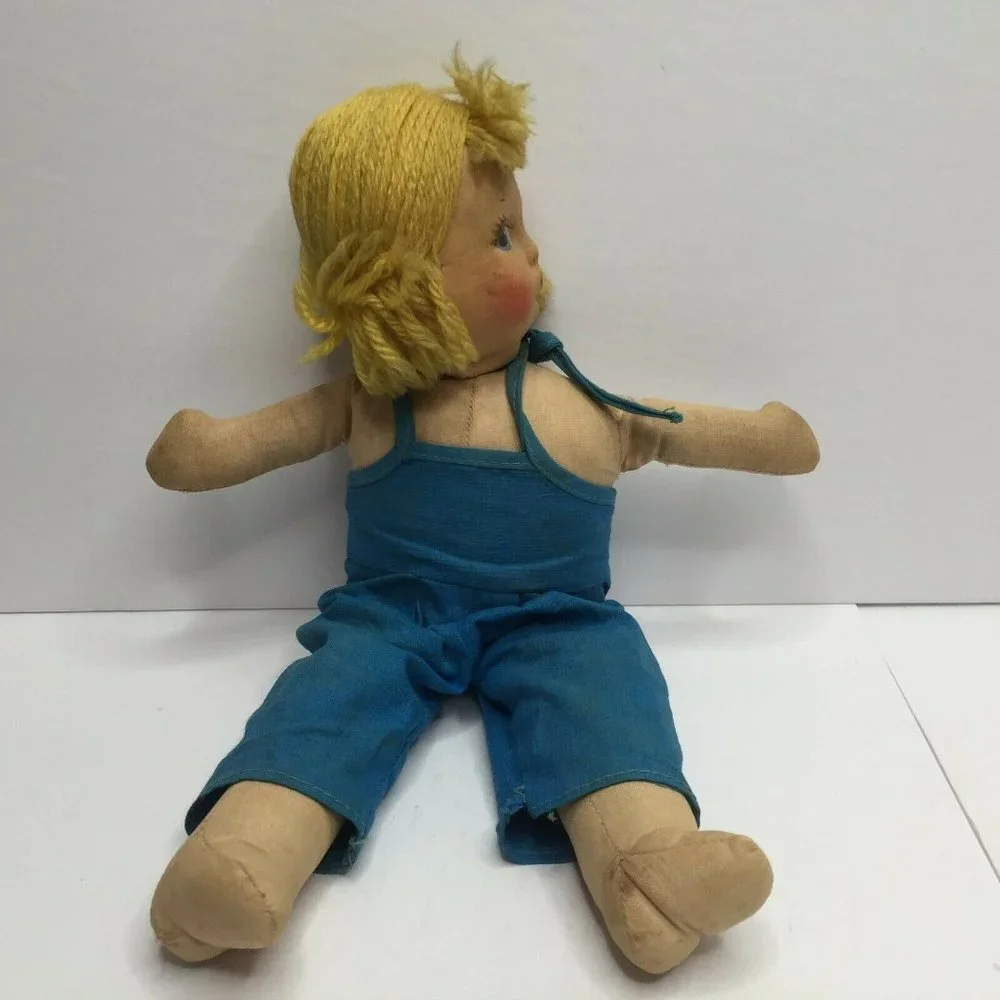 Vintage Blonde Soft Body Baby Doll Overalls Head Turns 10.5